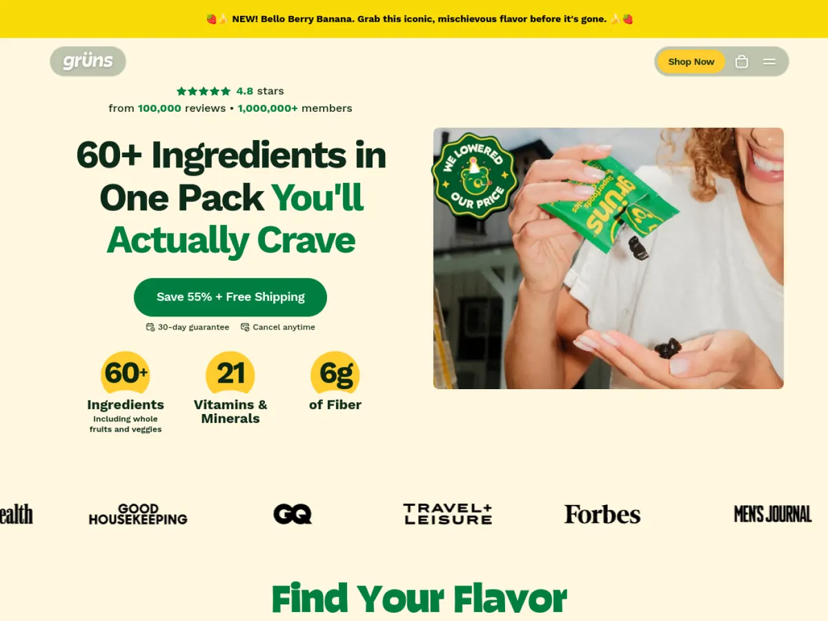 Grüns storefront homepage